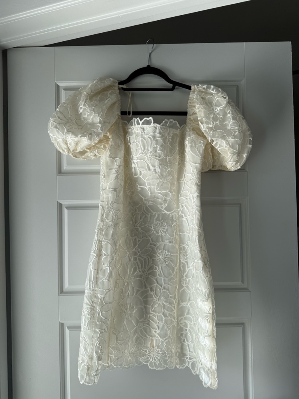 Ivory Floral Lace Mini Dress with Puff Sleeves